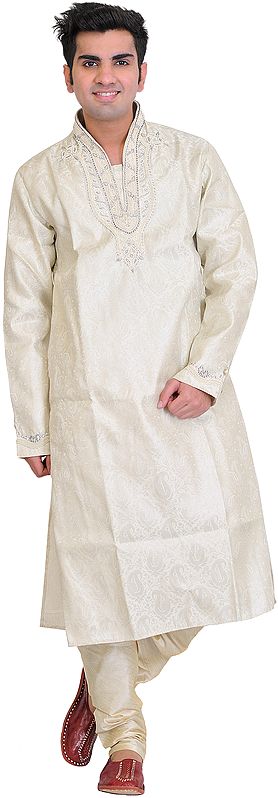 Cloud-Cream Wedding Kurta Pajama Set with Woven Paisleys and Hand-Embroidered Beads on Neck