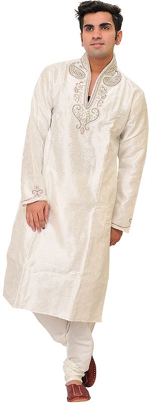 Egret-White Wedding Kurta Pajama Set with Zardozi-Embroidery and Floral Weave in Self