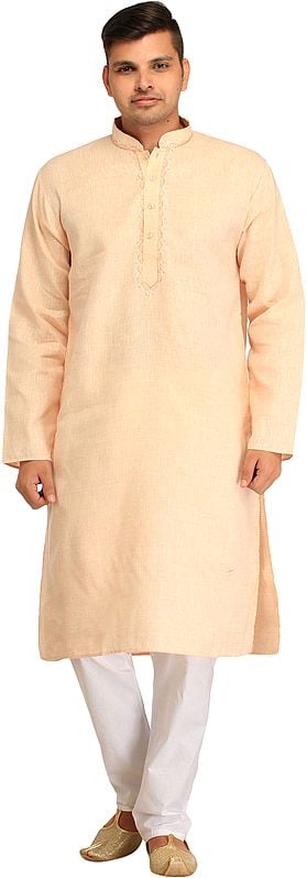 Pastel Kurta Pajama Set with Thread Weave in Self and Embroidery on Neck