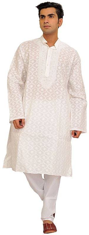 White Lukhnavi Chikan Hand-Embroidered Kurta Pajama Set