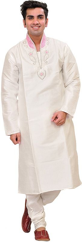 Snow-White Wedding Kurta Pajama Set with Hand-Embroidered Beads and Pink Collar