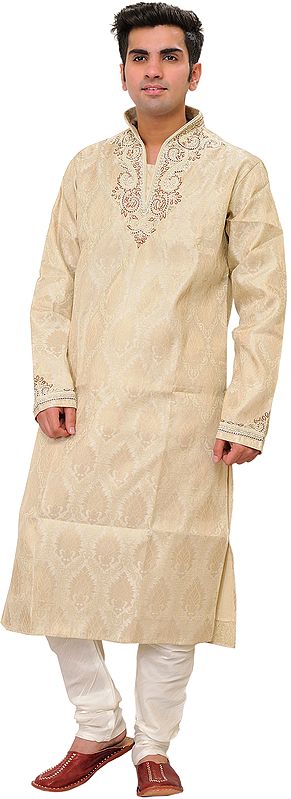 Sandshell Wedding Kurta Pajama Set with Brocade Weave and Zardozi-Embroidery