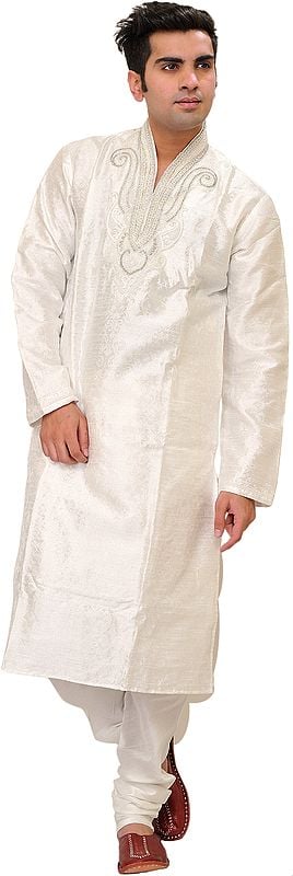 Bright-White Wedding Kurta Pajama Set with Floral Weave and Beads-Embroidery by Hand