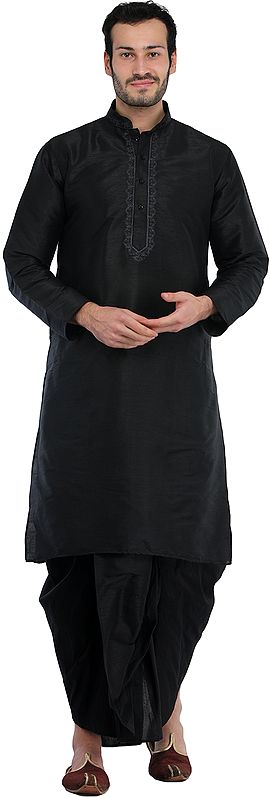 Plain Wedding Dhoti Kurta with Embroidery on Neck