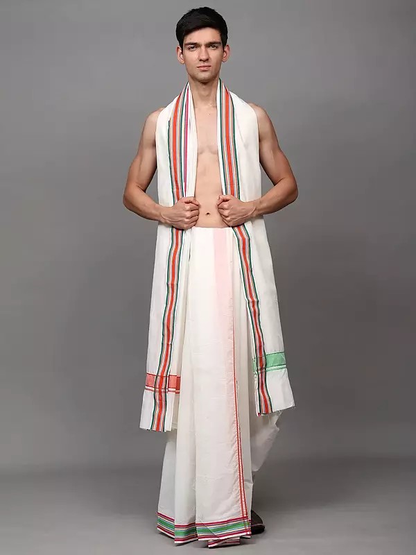 White Dhoti and Angavastram Set with Woven Border