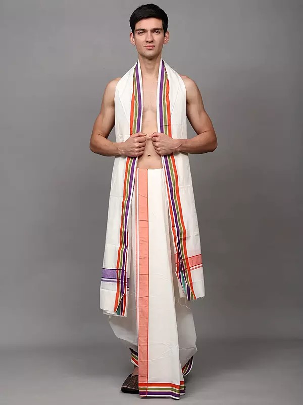 White Dhoti and Angavastram Set with Woven Border