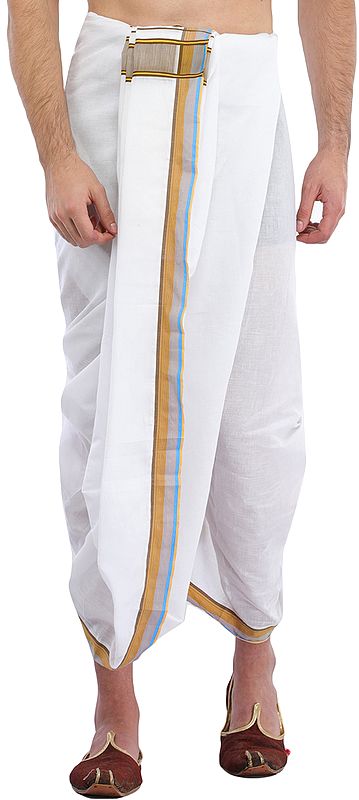 White Dhoti and Angavastram Set with Woven Border