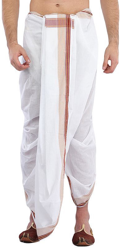 White Dhoti and Angavastram Set with Oxblood Red Woven Border