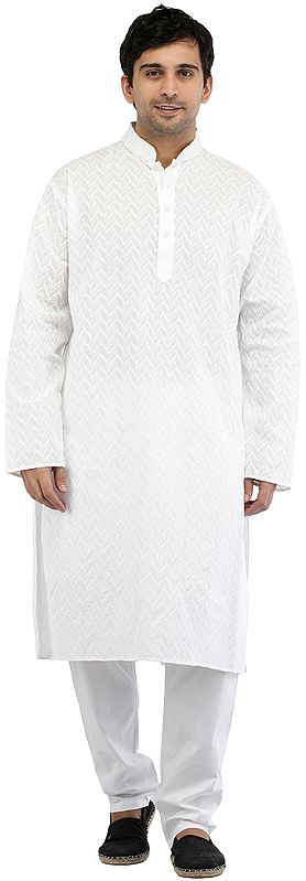 Snow-White Kurta Pajama with Lucknavi Chikan Embroidery All-Over
