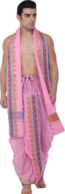 Ready to Wear Dhoti and Angavastram Set with Woven Peacocks and Motifs on Border
