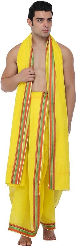 Blazing-Yellow Dhoti and Angavastram Set with Woven Border in Multicolor Thread