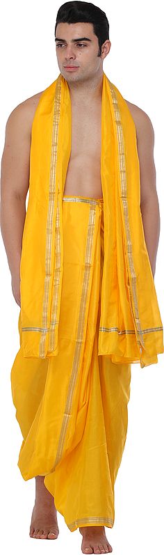 Traditional Dhoti and Angavastram set for Puja with Golden Thread Weave
