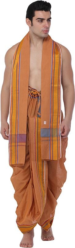 Apricot-Tan Dhoti and Angavastram Set with Woven Bootis on Border in Multicolor Thread