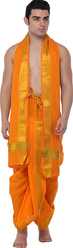 Ready to Wear Dhoti and Veshti Set from Kerala with Zari Woven Golden Border