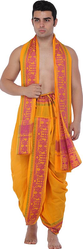 Radiant-Yellow Ready to Wear Dhoti and Angavastram Set with Woven Peacocks and Bootis