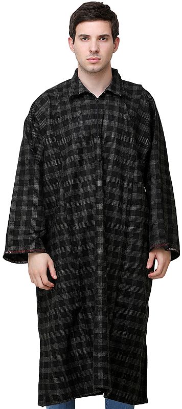 Caviar-Black Pure Wool Check Phiran from Kashmir with Front Zipper
