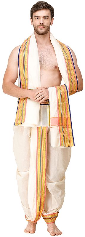 Ready to Wear Dhoti and Angavastram Set with Woven Golden Border