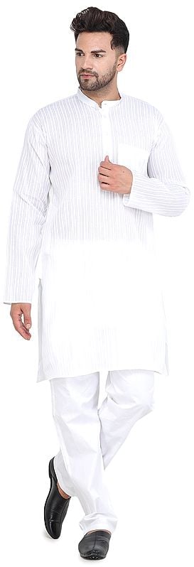 Star-White Kurta with Woven Stripes and Long Sleeves from ISCKON Vrindavan by BLISS