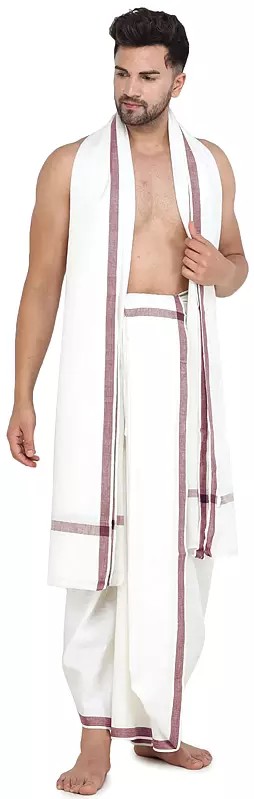 Plain Dhoti and Angavastram Set with Striped Border from ISKCON Vrindavan by BLISS