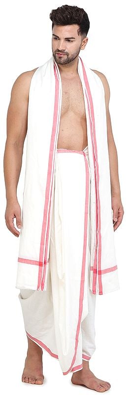 Plain Dhoti and Angavastram Set with Striped Border from ISKCON Vrindavan by BLISS