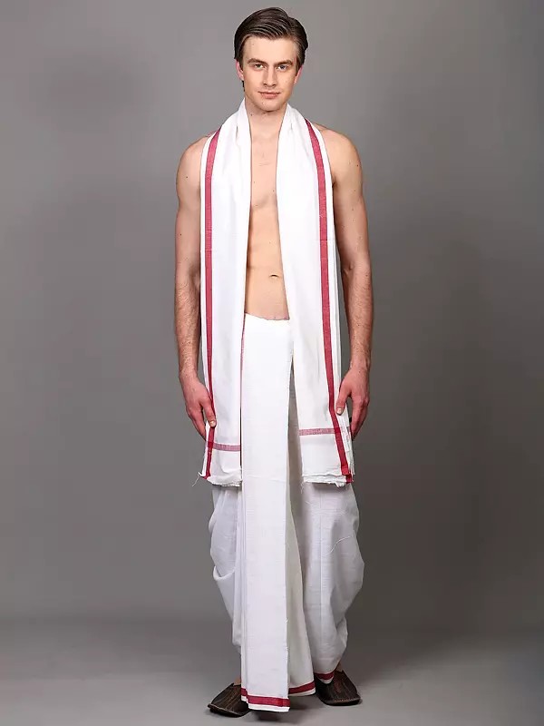 Plain Dhoti and Angavastram Set with Striped Border from ISKCON Vrindavan by BLISS