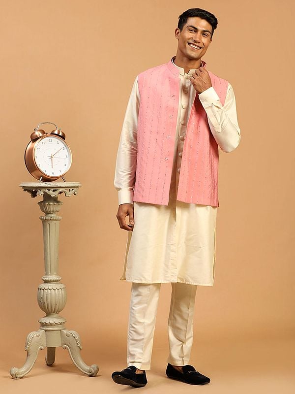 Cream Cotton Blend Front Open Kurta with Viscose Pant Style Pajama with Pinstripe Pattern Sequins Work Pink Jacket