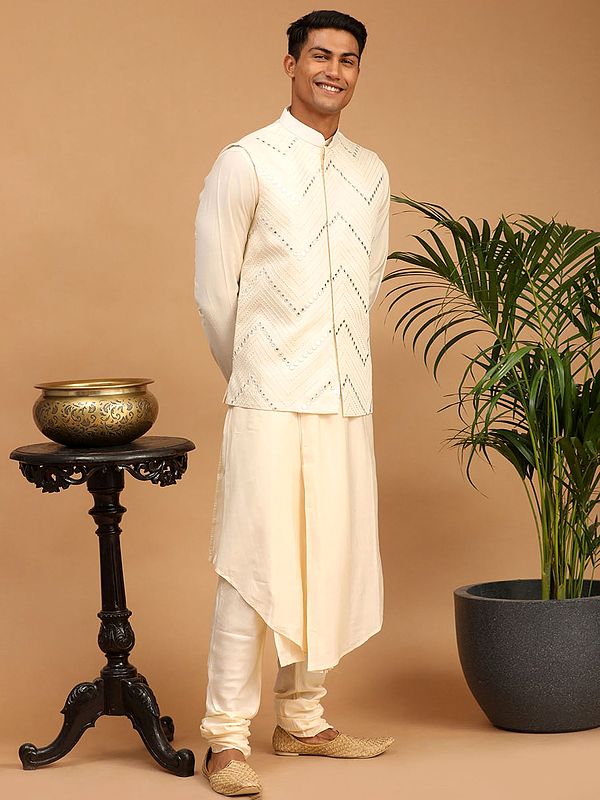 Cream Viscose Asymmetric Kurta Pajama Set With Mirror Embroidered Chevron Pattern Jacket