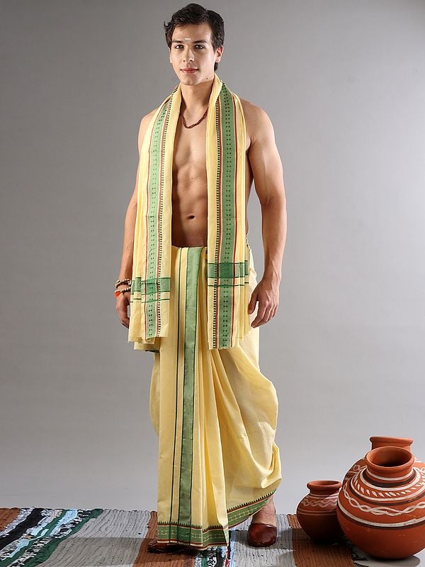 Dhoti and Veshti Set Pure Cotton Drape Style With Hexagon Combination Pattern Woven Border