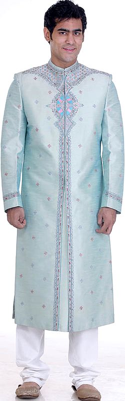 Tea-Green Wedding Sherwani with All-Over Embroidered Bootis