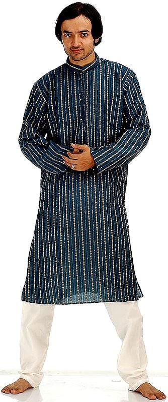 Teal Kurta Pajama Set with Golden Thread Work
