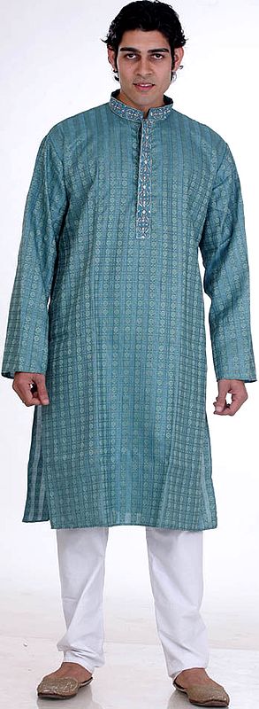 Teal Kurta Set with Thread Weave and Embroidery on Button Palette