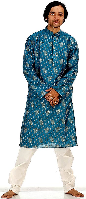 Turquoise Kurta Pajama Set with Golden Thread Weave