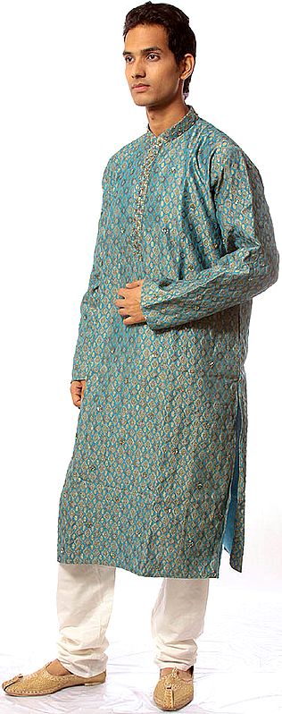 Turquoise-Blue Kurta Set with Brocade Weave in Golden Thread and Beadwork