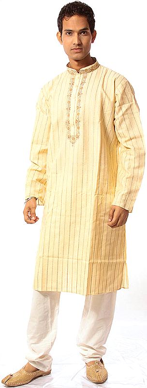 Vanilla-Colored Kurta Pajama with All-Over Weave and Floral Embroidery on Collar