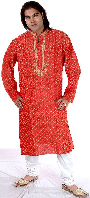 Vermilion Red Kurta Set with Golden Thread Weave and Embroidery on Button Palette