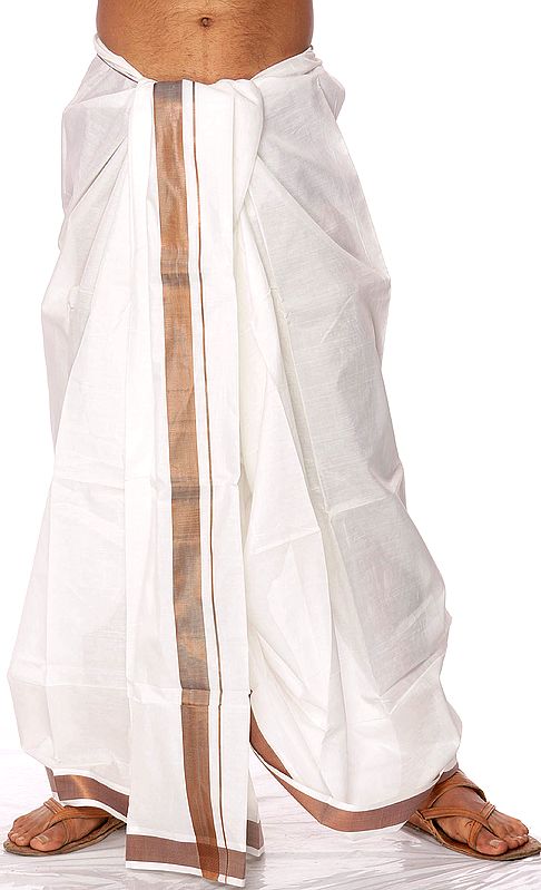 White Dhoti from Kerala with Copper Weave on Border