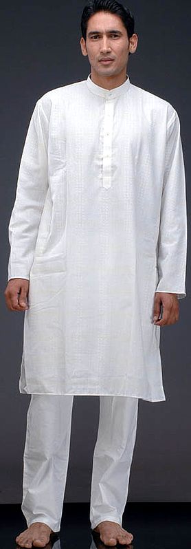 White Kurta Pajama Set with Self Design