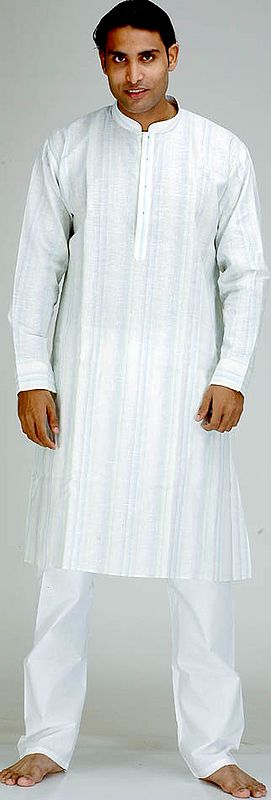 White Kurta Pajama Set with Woven Shades of Green
