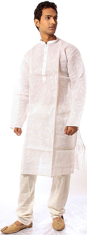 White Kurta Pajama with All-Over Design in Self