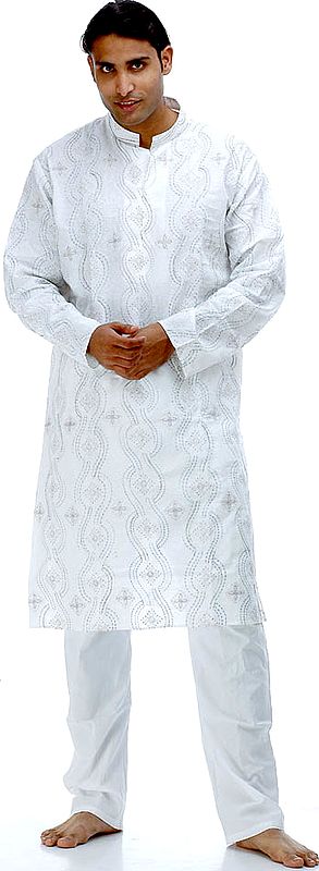 White Kurta Pajama with All-Over Thread Work