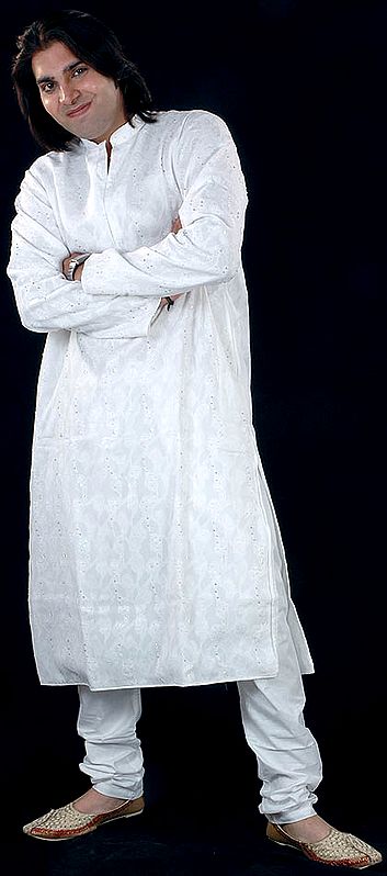 White Kurta Pajama with Floral Embrodiery and Beadwork