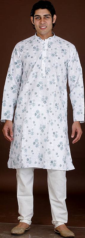 White Kurta Pajama with Floral Print and All-Over Thread Work