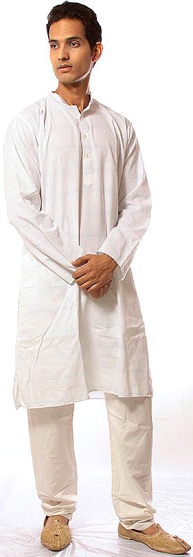 White Kurta Pajama with Horizontal Stripes in Green Thread