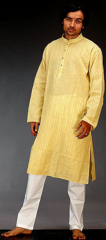 Yellow Kurta Pajama Set with Pin Stripes