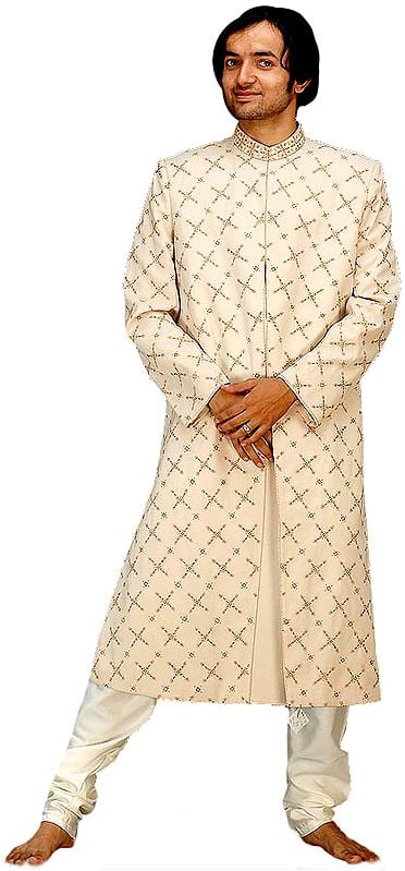 Ivory Sherwani with All-Over Embroidery