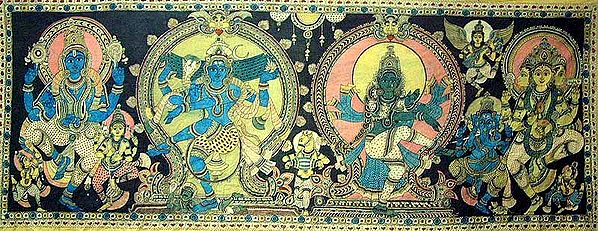 A wall hanging with Uma, Maheshvara, Brahma and Vishnu