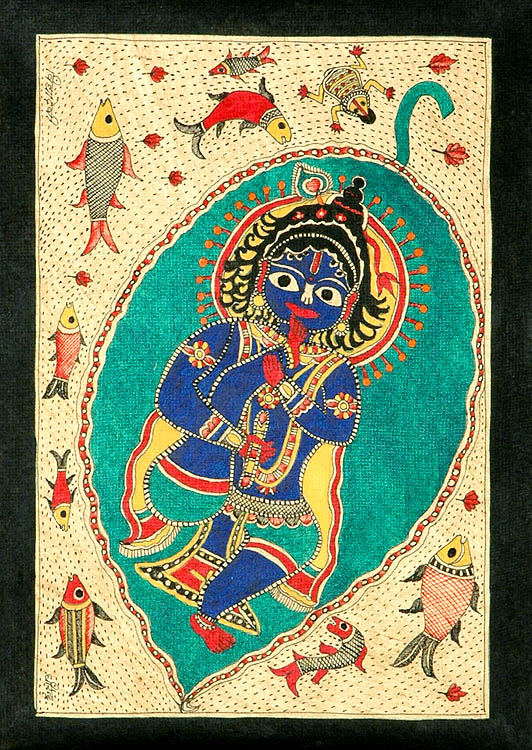 Baby Krishna Suckling His Toe on Pipal Leaf Floating in the Cosmic Ocean