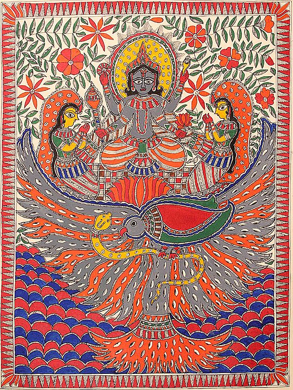 Lord Vishnu Seated on Garuda with Bhudevi and Sridevi
