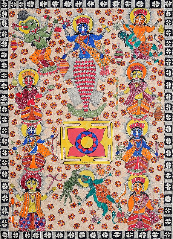 Dashavatara  -Ten Incarnations of Lord Vishnu with Shri Vishnu Yantram