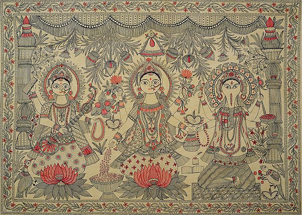 Three Auspicious Deities - Saraswati, Lakshmi and Ganesha